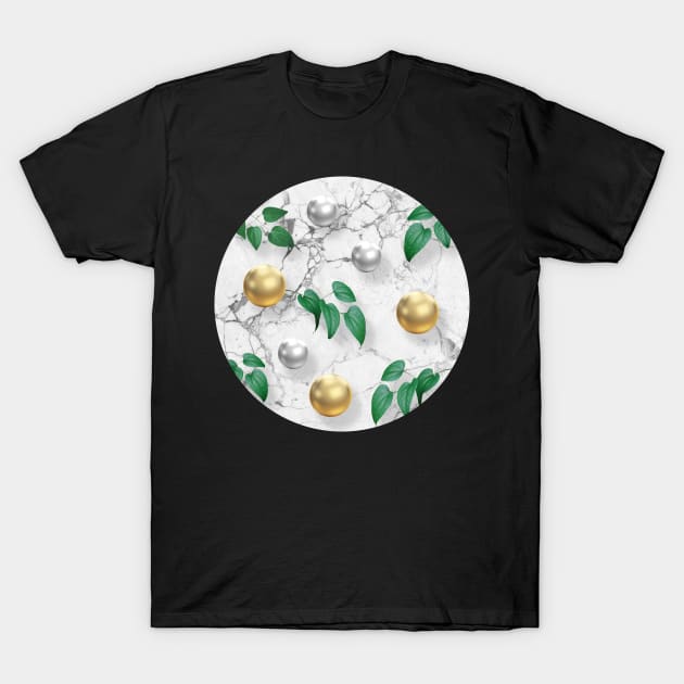 Marble, Gold, Silver and Foliage T-Shirt by Vin Zzep